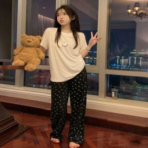 여성 스마일 심플 반팔 티셔츠 바지 홈웨어 2컬러 잠옷 세트 데일리 라운지웨어