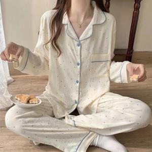 여성 러블리 요루면 긴팔 잠옷 파자마 세트 홈웨어