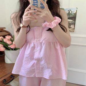 베니유니 핑크슈가체크 파자마 잠옷 홈웨어 편한홈웨어 끈나시 여성 캡내장 브라캡 라운지웨어 원마일웨어