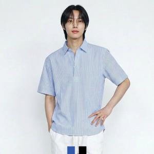 남자 스트라이프 헨리넥 반팔셔츠 여름 시어서커 오버핏 루즈핏 데일리 남성 남방 셔츠