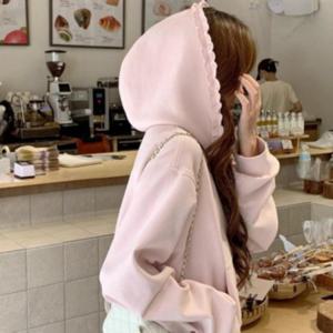 여성 러블리 레이스 캐주얼 세미크롭 프릴 핑크 후드집업