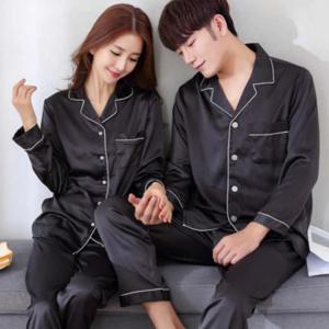 클래식 카라 홈웨어 긴팔 실크 잠옷 커플 파자마 세트