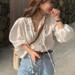 여성 베이직 화이트 프릴 리본 롱 셔츠 오버핏 블라우스
