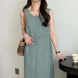 여성 민소매 데님 원피스 벨트 세트 얇은 라운드넥 A라인 롱 원피스