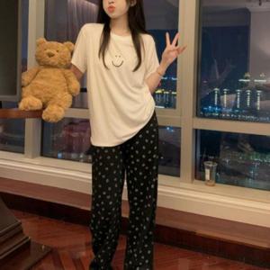 여성 스마일 반팔 티셔츠 롱 바지 잠옷 파자마 세트