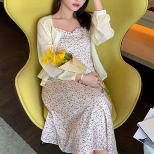 러블리 데이지 플라워 여성 끈나시 여름 롱 원피스