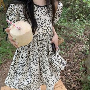리본장식플라워패턴 주름 쿨시즌 예쁜 콤팩트 프리미엄 미니드레스