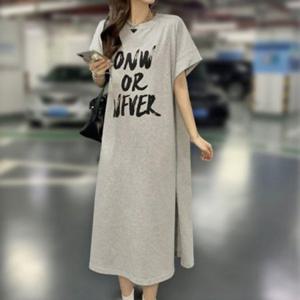 우먼 일상템 클래식 썸머숏슬리브 박시 롱라인 긴 드레스 그레이 맥시원피스 휴양지 바캉스 반팔롱