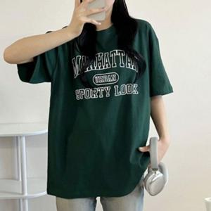 우먼 오버사이즈 순면소재 하절기 이지 그래픽프린트 숏티 반팔티 와이셔츠 그린 레이디 반소매티 티 여성