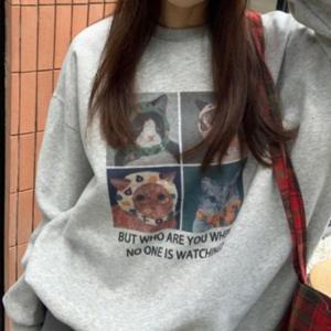 스탠다드 캐릭터웜라이닝 라운드티 고양이 맨투맨티 프린트 캐쥬얼 이너웨어 윈터 한파대비