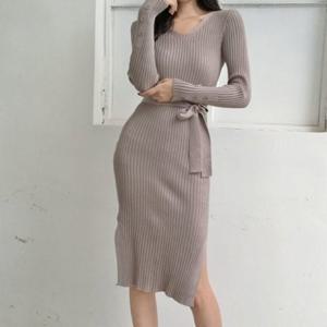 유니크 여자 쓰리컬러 스키니롱핏 뜨개탑 스트라이프짜임 미니드레스 DS롱원피스