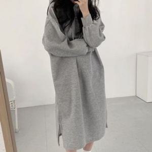 무문양 걸스 후드스웨트드레스 스테디 데일리룩 우먼 플리스 롱라인 롱드레스