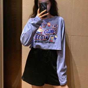 사랑스러운 캐릭터 포인트컬러 꾸안꾸 레이디스 캐주얼 크롭핏 롱티 티탑 후드맨투맨 라운드넥티 맨투맨티