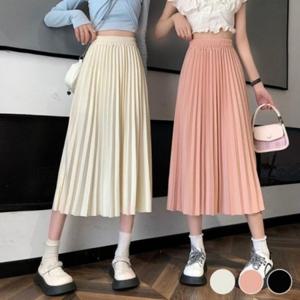 데일리 세미플레어 고무줄 플리츠롱스커트