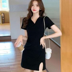 여자하단라인 슬릿디테일 브이라인 셔츠칼라 쇼트 콤팩트 검정 시그니처 미니드레스 니트웨어 미디 롱드레