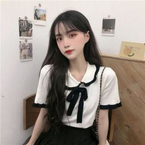프릴카라 여친룩 베스트 여성스런리본프릴 둥근카라 숏슬리브