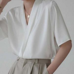 우아한 여성 랩 블라우스 FREE(44~55) 오피스 쉬폰 블라우스 반팔 여름