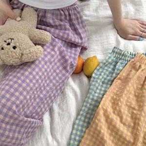 와이드 잠옷 바지 체크 여성 잠옷 바지 파자마 여름