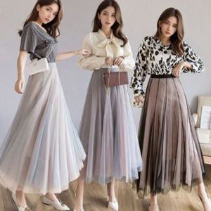 플리츠 여성 롱 스커트 메쉬 튜튜 스커트 그라데이션 데일리 여름