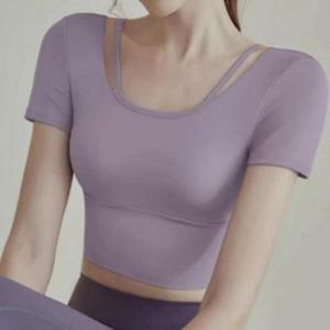 여성 요가복 상의 여성 필라테스 상의 크롭 스포츠 티셔츠 반팔 스포츠브라 스퀘어넥 운동복 슬림핏 짧은