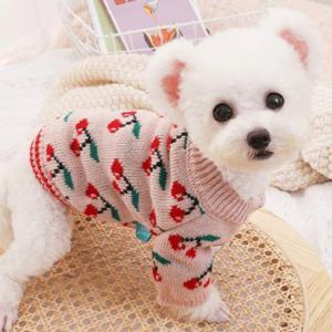 강아지 고양이 핑크 체리 도트 니트 스웨터 강아지옷