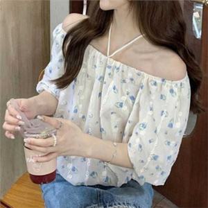 오프숄더 블라우스 밑단밴딩 루즈핏 여성 블라우스 밑단밴딩 밴딩 튤립 여름 크롭