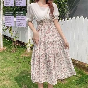 데일리 쉬폰 원피스 투피스스타일 나들이 플라워 원피스 스모크 밴딩 여름