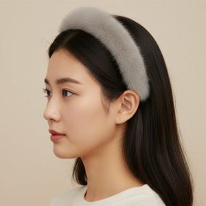 로얄 럭셔리 4color 풀스킨 밍크 퍼 헤어 밴드 머리띠 그레이