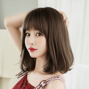 자연스러운 중단발 C컬펌 통가발 레이어드 컷 브라운 헤어 스타일