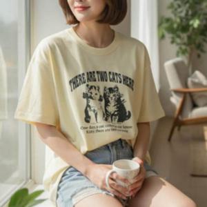 남녀 냥이무드 무늬 여름 반팔티 레몬크림 1P 박스핏 베이직