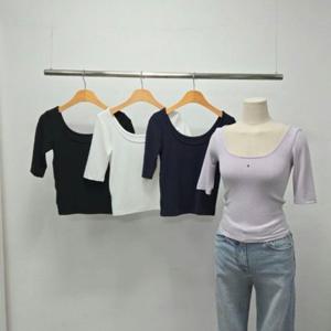 골지 슬림핏 감각적인 U넥 5부 티셔츠 여성 반팔 기본티 이너티