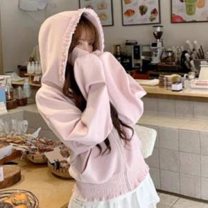 여성 프릴 핑크 후드 집업 셔링 루즈핏 벌룬소매 러블리 발레코어 간절기 아우터 가디건 p6513b