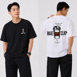 남자 면 여리한 소재 커피 레터링 그래픽 백프린팅 일상룩 반팔 티셔츠