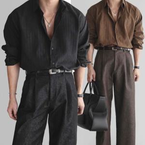디자인 스트라이프 트랜드 패션 블랙 브라운 긴팔 셔츠 남성 외출 모던