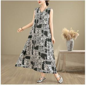 S228621 상큼 시원한 프린팅 휴가 비치 데일리 여름 썸머 V넥 민소매 나시 롱 원피스