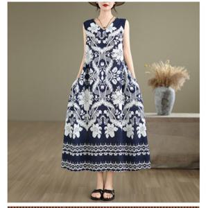S103031 상큼 시원한 프린팅 휴가 비치 데일리 여름 썸머 V넥 민소매 나시 롱 원피스
