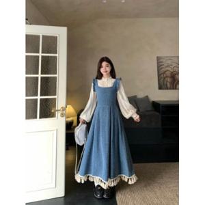 L26600 프릴 수술 롱 멜빵 청 원피스 점프수트 빅사이즈가