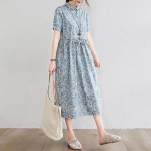 은창]여름날의 잔꽃 드로잉 면혼방 원피스 여름원피스 치마 빅사이즈 원피스 루즈핏 퍼프 반팔 롱원피스 여