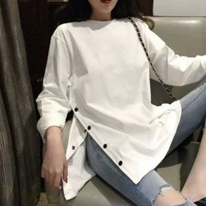 여성면티 롱 여성 긴팔 박스티 프릴티셔츠 여성긴팔티 단추 루즈핏 옆트임