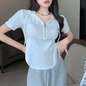 캐주얼티셔츠 스트릿 크롭티셔츠 여성 후드티셔츠 옆트임 후드집업티셔츠