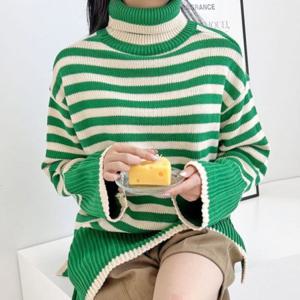 스트라이프목 티여자 목티 티셔츠 블랙 줄무늬목 티 목 초록색 루즈핏 여성