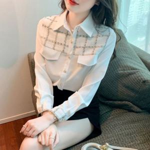진주버튼 온나핏 트위드 셔츠 블라우스 크롭셔츠