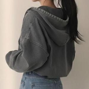 워싱 데님 산뜻한 크롭 후드집업 루즈핏 허리밴딩 청자켓