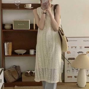 휴양지룩 레이스 패턴 민소매 롱 드레스 아이보리 아일렛 나시 원피스
