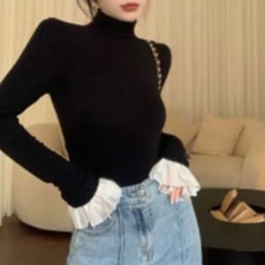레이스 프릴 소매 폴라 티셔츠 가을 겨울 시스루 프릴 목폴라 이너