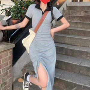 여성 카라 옆셔링 반팔 원피스 배색 트임 여름 데일리 치마