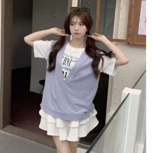 페이크조끼 클릭유도 조끼 스타일 반팔 캐주얼 티셔츠 여성 여름 데일리룩