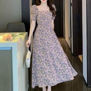 플라워원피스 플라워 롱 원피스 스퀘어넥원피스 치마 A라인 스퀘어넥 앞트임 여름 반팔 여성