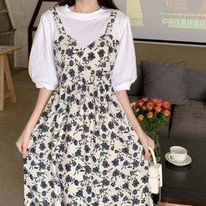 플라워패턴원피스 반팔티 여성 세트 플라워 원피스 롱 패턴 치마 레이어드 여름 반팔티원피스