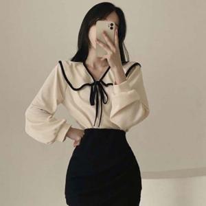 맨투맨티셔츠 세일러 리본 러블리 봄가을 상의 여성 매듭 긴팔 빅 포인트 블라우스 레이스나시 카라